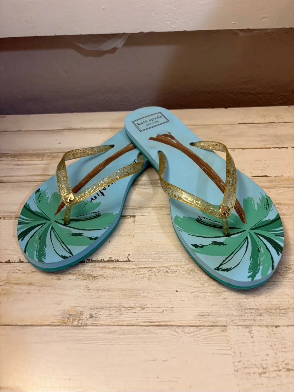kate spade Gold-Strap Aqua Flip Flop Sandals
